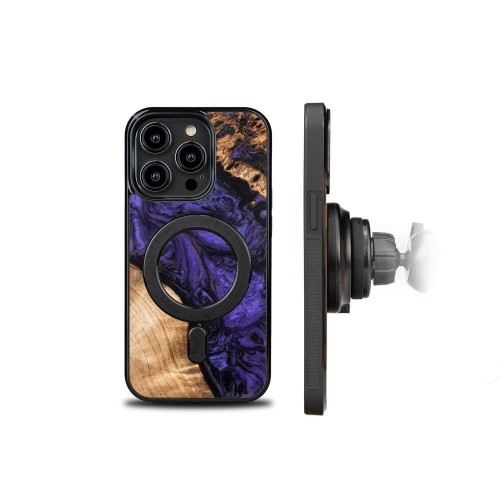 Wood and Resin Case for iPhone 14 Pro MagSafe Bewood Unique Violet - Purple and Black image 2