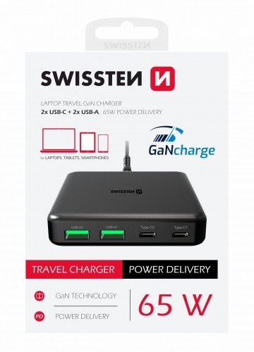 Swissten Desktop GaN Charger Adaperis 2x USB-C /  2x USB / 65W image 2