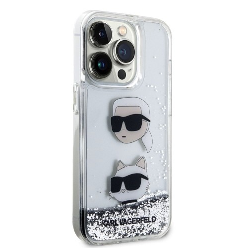 Karl Lagerfeld Liquid Glitter Karl and Choupette Head Case for iPhone 15 Pro Silver image 2