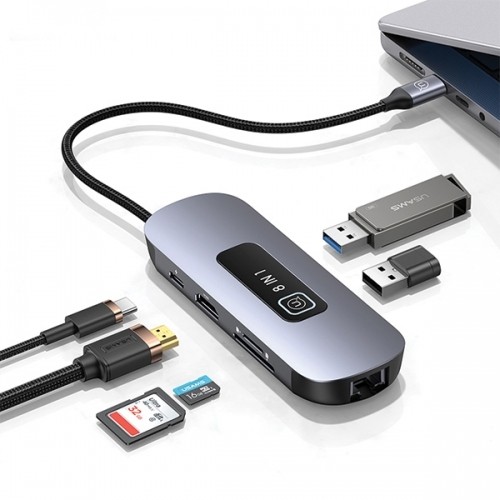 USAMS Adapter HUB 8w1 3xUSB 3.0|TF|SD| USB-C|HDMI|RJ45 PD100W szary|tarnish SJ643HUB01 (US-SJ643) image 2