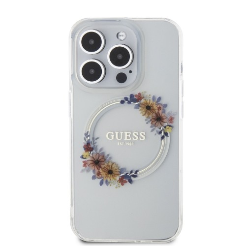 Guess PC|TPU Flowers Ring Glossy Logo MagSafe Case for iPhone 15 Pro Transparent image 2