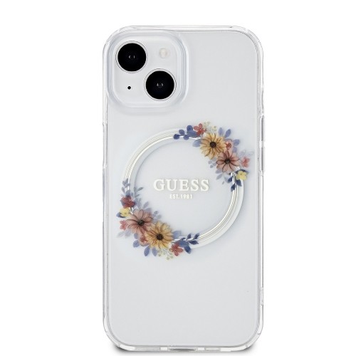 Guess PC|TPU Flowers Ring Glossy Logo MagSafe Case for iPhone 15 Plus Transparent image 2