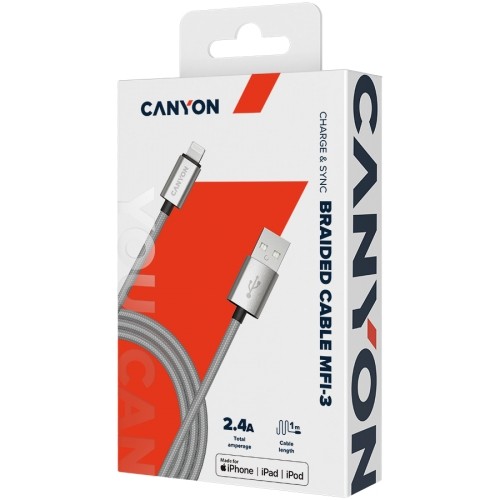 CANYON MFI-3, Charge & Sync MFI braided cable with metalic shell, USB to lightning, certified by Apple, 1m, 0.28mm, Dark gray image 2