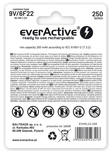 Rechargeable batteries everActive Ni-MH 6F22 9V 250 mAh Silver Line image 2