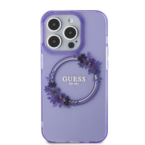 Guess PC|TPU Flowers Ring Glossy Logo MagSafe Case for iPhone 15 Pro Max Purple image 2