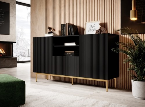 Cama Meble PAFOS chest of drawers on golden steel frame 150x40x90 cm matte black image 2