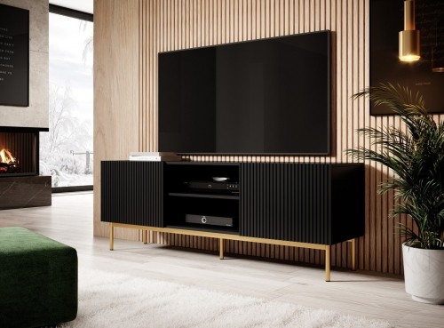 Cama Meble PAFOS RTV cabinet on golden steel frame 150x40x60 cm matte black image 2