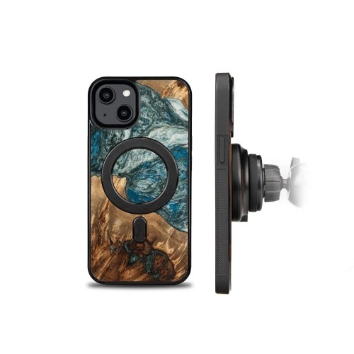 Wood and resin case for iPhone 15 Plus MagSafe Bewood Unique Planet Earth - blue-green image 2
