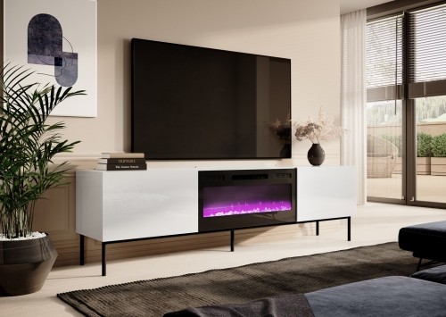 Cama Meble RTV SLIDE 200K cabinet with an electric fireplace on a black frame 200x40x57 cm all in white gloss image 2