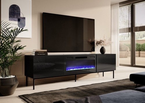 Cama Meble RTV cabinet SLIDE 200K with electric fireplace on black frame 200x40x57 cm all in gloss black image 2
