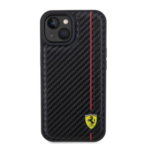 Ferrari PU Leather Carbon Vertical Red Line Case for iPhone 15 Black image 2