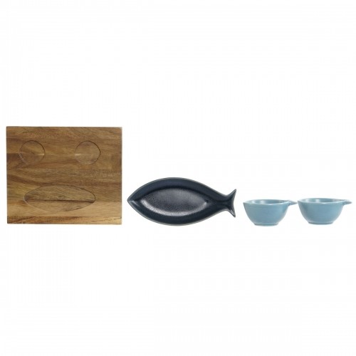 Appetizer Set Home ESPRIT Blue Sky blue Porcelain Acacia Mediterranean Fish 19,5 x 16,5 x 1,3 cm 4 Pieces image 2