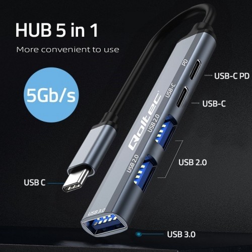 Qoltec 53790 Hub Adapter USB-C 3.1 5in1 | USB-C PD| USB-C | 2x USB 2.0 | USB 3.0 image 2