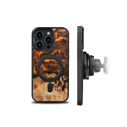 Wood and resin case for iPhone 15 Pro MagSafe Bewood Unique Orange - orange and black image 2