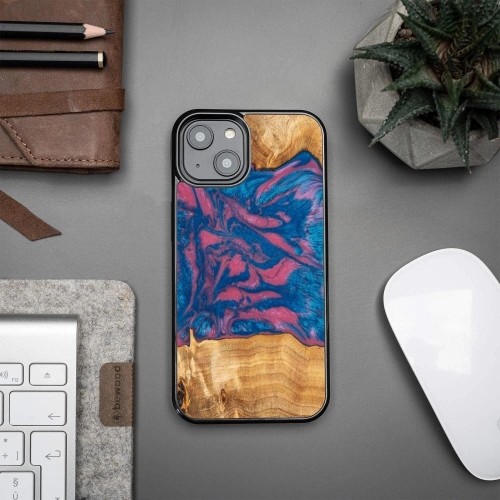 Wood and resin case for iPhone 15 Bewood Unique Vegas - pink and blue image 2