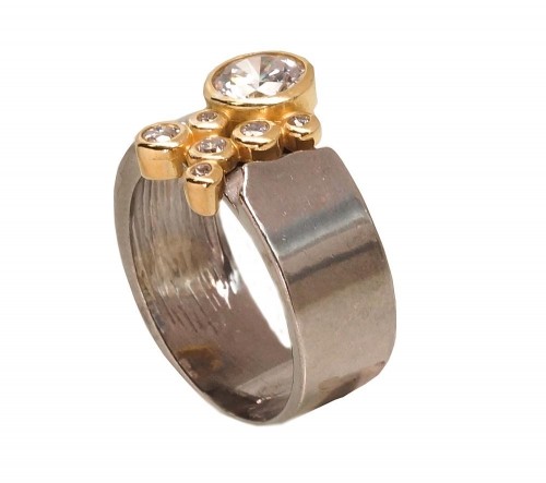 Серебряное кольцо #2101753(PRh-Bk+PAu-Y)_CZ, Серебро 925°, родий (покрытие)/, желтое золото (покрытие), Цирконы, Размер: 18.5, 6.2 гр. image 2