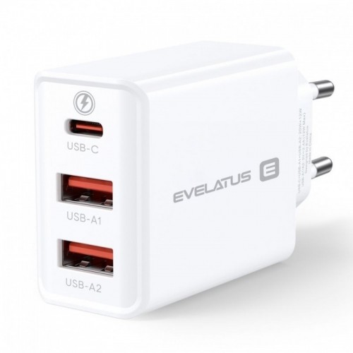 Evelatus ETC06 Премиум 32W Адаптивная 3 Портовая 5V-12V 2x USB / USB-C Сетевая Зарядка Белый image 2