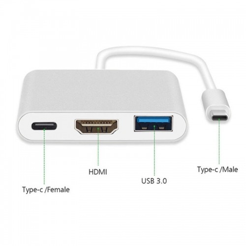iLike HD1 3in1 USB-C (Type-C) Ligzdas uz HDMI 4K / USB 3.0 / USB-C Siev. Audio & Video Kabeļa Adapteris Sudraba (OEM) image 2