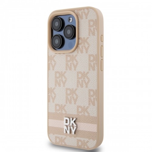 DKNY PU Leather Checkered Pattern and Stripe Case for iPhone 15 Pro Pink image 2