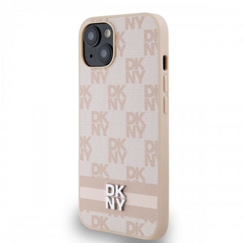 DKNY PU Leather Checkered Pattern and Stripe Case for iPhone 15 Pink image 2