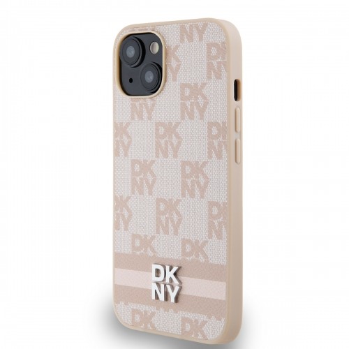 DKNY PU Leather Checkered Pattern and Stripe Case for iPhone 14 Pink image 2