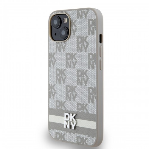 DKNY PU Leather Checkered Pattern and Stripe Case for iPhone 15 Beige image 2