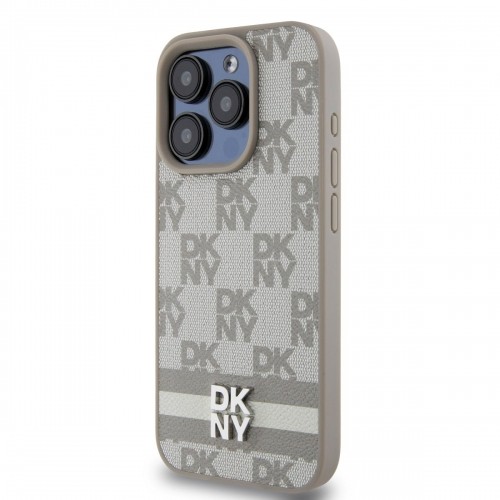 DKNY PU Leather Checkered Pattern and Stripe Case for iPhone 13 Pro Max Beige image 2