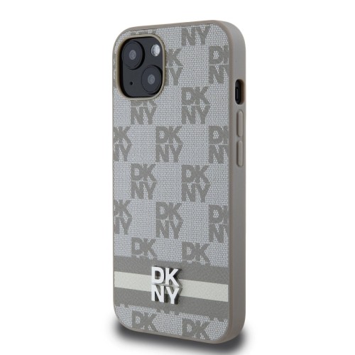 DKNY PU Leather Checkered Pattern and Stripe Case for iPhone 13 Beige image 2