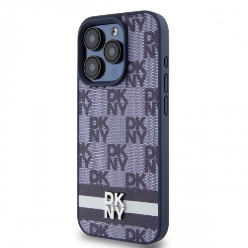 DKNY PU Leather Checkered Pattern and Stripe Case for iPhone 15 Pro Max Blue image 2