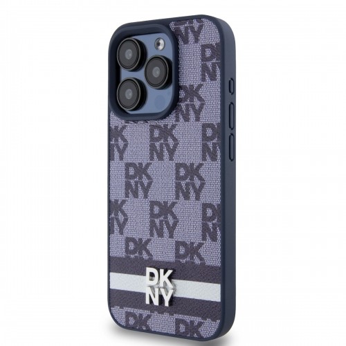 DKNY PU Leather Checkered Pattern and Stripe Case for iPhone 15 Pro Blue image 2