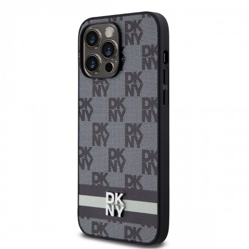 DKNY PU Leather Checkered Pattern and Stripe Case for iPhone 15 Pro Max Black image 2