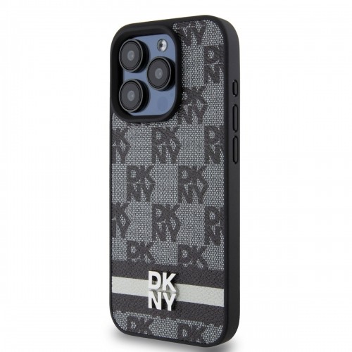 DKNY PU Leather Checkered Pattern and Stripe Case for iPhone 15 Pro Black image 2