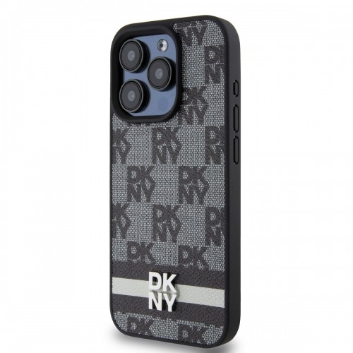 DKNY PU Leather Checkered Pattern and Stripe Case for iPhone 14 Pro Max Black image 2