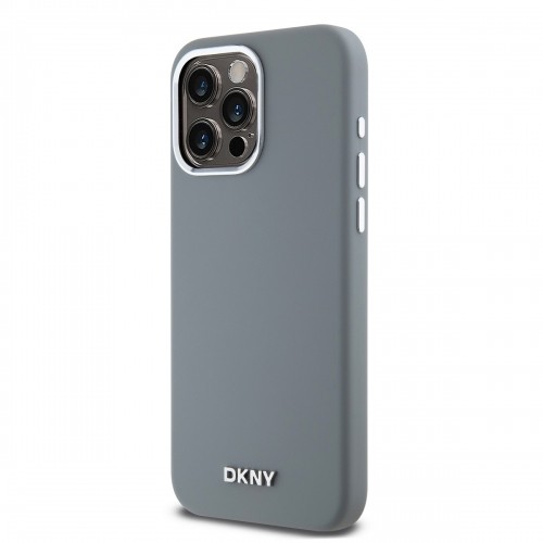 DKNY Liquid Silicone Silver Metal Logo MagSafe Case for iPhone 15 Pro Max Grey image 2