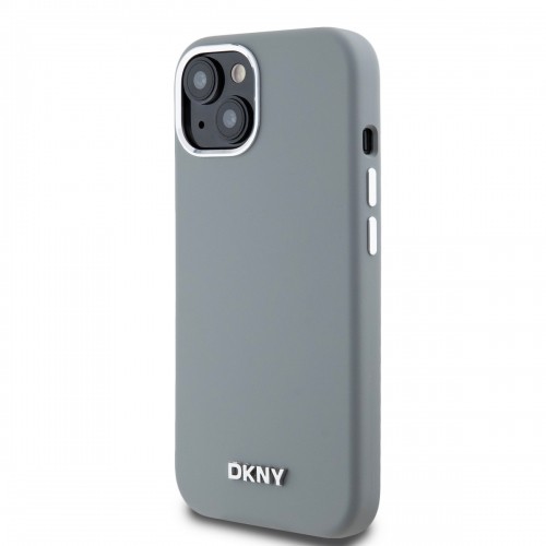 DKNY Liquid Silicone Silver Metal Logo MagSafe Case for iPhone 15 Grey image 2