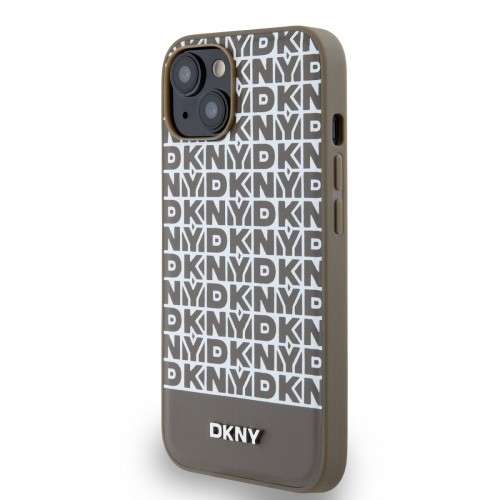 DKNY PU Leather Repeat Pattern Bottom Stripe MagSafe Case for iPhone 15 Brown image 2