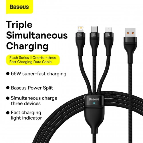 OEM 3in1 USB cable Baseus Flash II Series, USB-C + micro USB + Lightning, 66W, 1.2m (Black) image 2