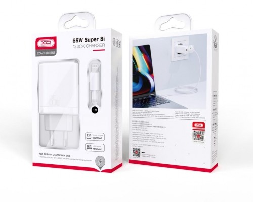 XO wall charger CE04 PD 65W QC 4 45W 1x USB 2x USB-C white + USB-C – Lightning cable image 2