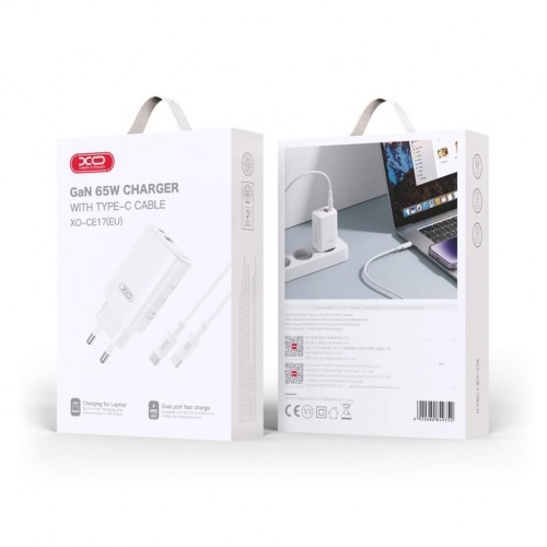 XO wall charger CE17 PD 65W 1x USB-C 1x USB white + cable USB-C - USB-C image 2