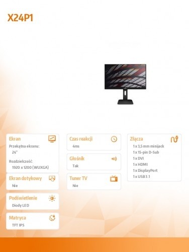 AOC Monitor 24 X24P1 IPS DVI HDMI DP Pivot Speakers image 3