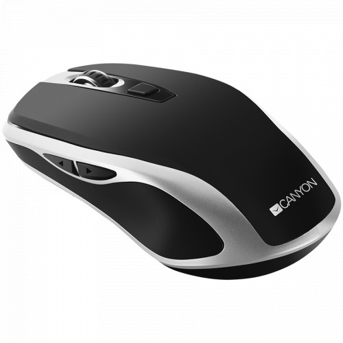 Canyon 2.4GHz Wireless Rechargeable Mouse with Pixart sensor, 6keys, Silent switch for right/left keys,DPI: 800/1200/1600, Max. usage 50 hours for one time full charged, 300mAh Li-poly battery, Black -Silver, cable length 0.6m, 121*70*39mm, 0.103kg image 3