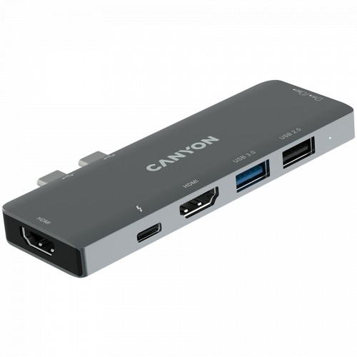 Canyon DS-05B Multiport Docking Station with 7 port, 1*Type C PD100W+2*HDMI+1*USB3.0+1*USB2.0+1*SD+1*TF. Input 100-240V, Output USB-C PD100W&USB-A 5V/1A, Aluminum alloy, Space gray, 104*42*11mm, 0.046kg(Generation B) image 3