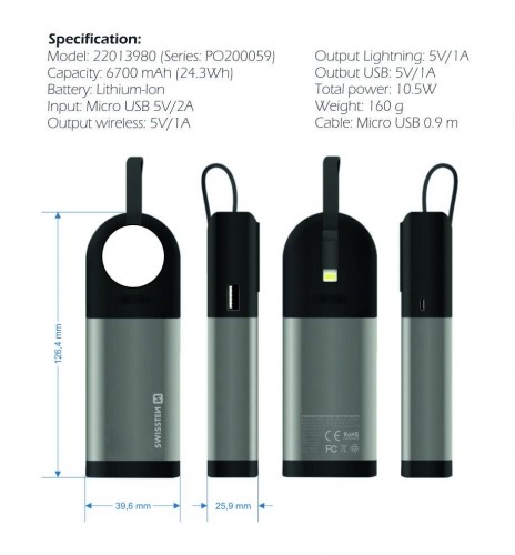 Swissten 2in1 6700 mAh Power Bank / MFi Lightning kabelis / Apple Watch bezvadu lādētājs / Sudrabs image 3