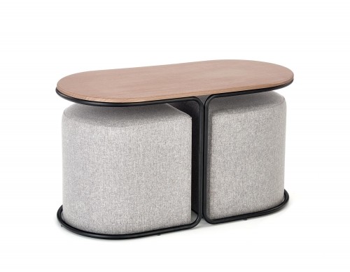 Halmar PAMPA, coffee table with pouffes, top: walnut, legs: black, pouffe: grey image 3