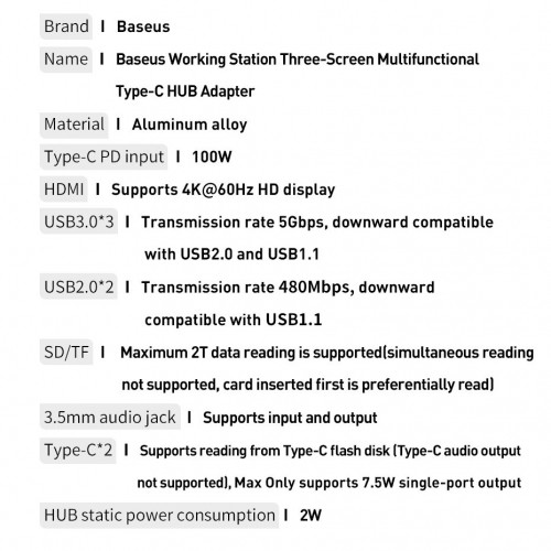 Baseus multifunctional HUB 3x USB 3.2 Gen 1 | 2x USB 2.0 | 2x USB Type C | SD and micro SD card reader | AUX | 3x HDMI | RJ45 1Gbps Power Delivery 100W (EU | CN | UK plugs) gray (CAHUB-DG0G) image 3