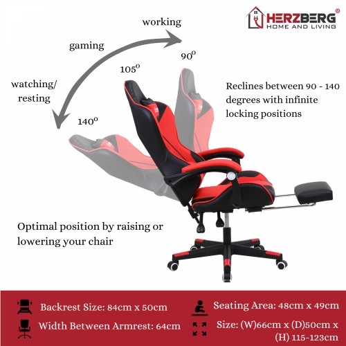 Herzberg Home & Living Herzberg Gaming and Office Chair with Retractable Footrest Red image 3