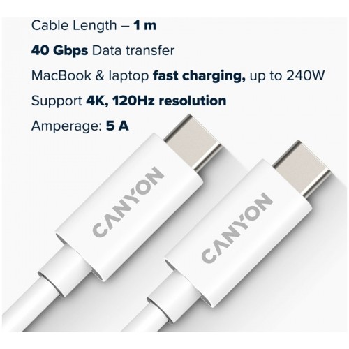 CANYON UC-44, cable, U4-CC-5A1M-E, USB4 TYPE-C to TYPE-C cable assembly 40G 1m 5A 240W(ERP) with E-MARK, CE, ROHS, white image 3