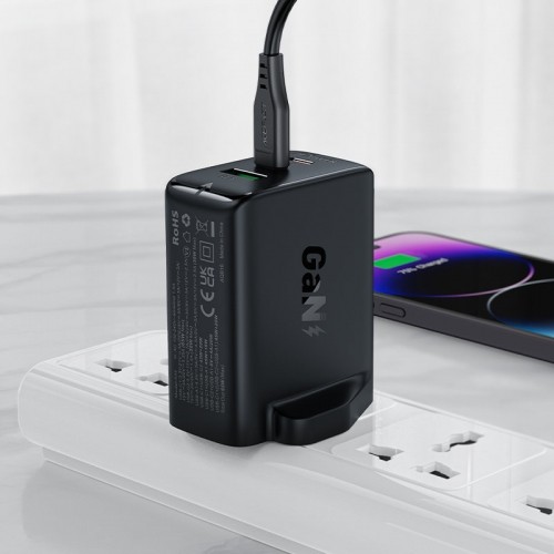 Acefast charger GaN 65W 3 ports (1xUSB, 2xUSB C PD) UK plug black (A44) image 3