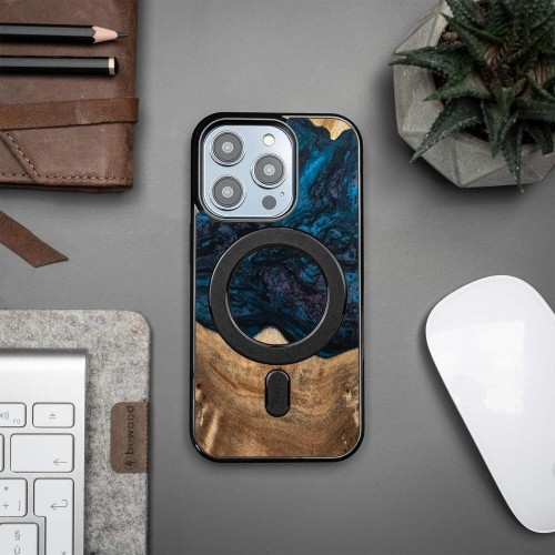 Apple Wood and Resin Case for iPhone 14 Pro MagSafe Bewood Unique Neptune - Navy Blue and Black image 3