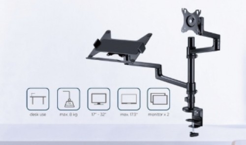 Monitora stiprinājums Gembird Desk Mounted Adjustable monitor arm with Notebook Tray image 3